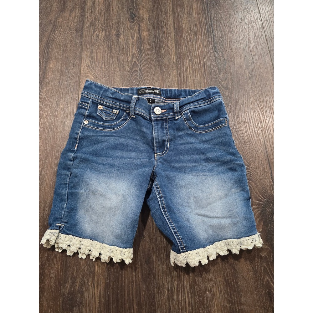 Jordache Girl Blue Denim Bermuda Shorts Lace Trim Floral Hem Size 10 Medium Wash